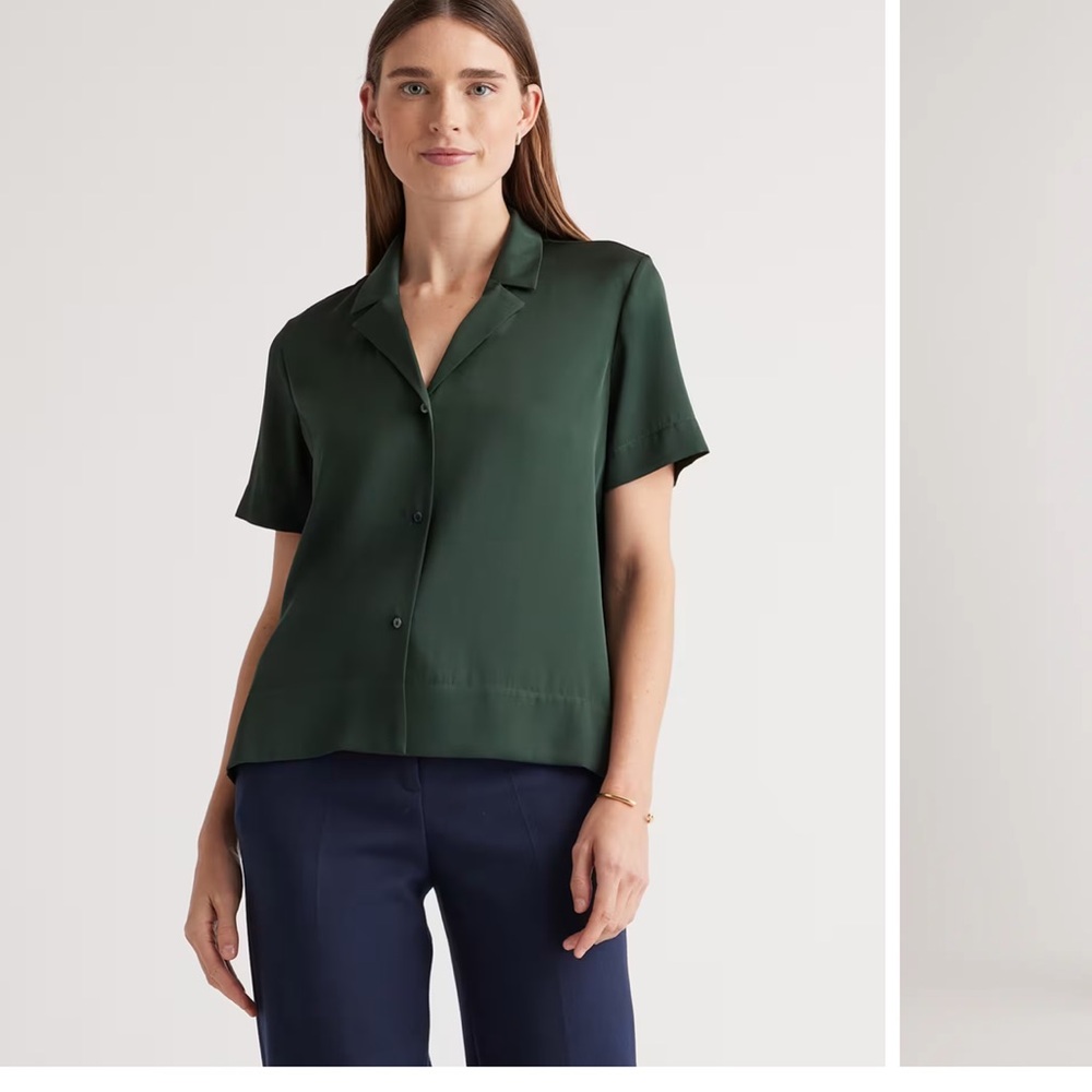 Quince Washable Stretch Silk Short Sleeve Notch Collar Blouse